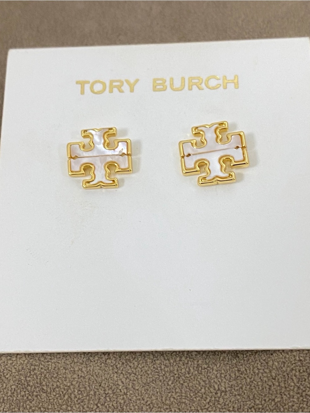 Tory Burch Gold Logo Stud Earrings with White Enamel Inlay